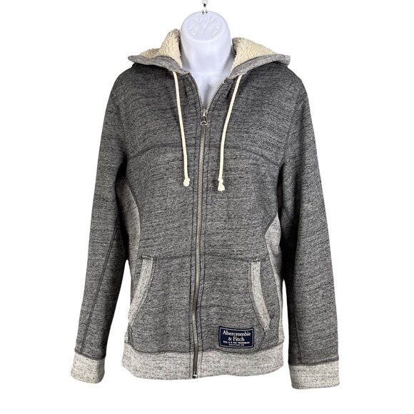 Abercrombie & Fitch Men M Y2K Gray Deep Pile Sherpa Lined Full Zip Hoodie Jacket - Picture 10 of 16